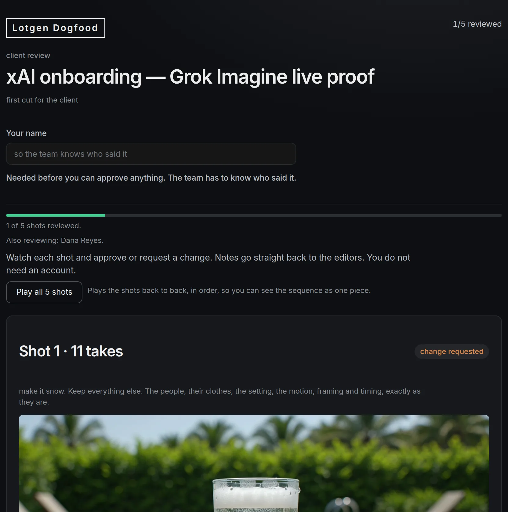 A review page with no sign-in: the studio name, the lot title, the label first cut for the client, and a name field explaining that the team has to know who said it. Below, one of five shots reviewed, a line naming another reviewer, and the first shot headed Shot 1 with eleven takes and an orange change requested badge, its prompt printed underneath.