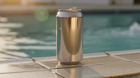 A can on the pool edge in moving water light