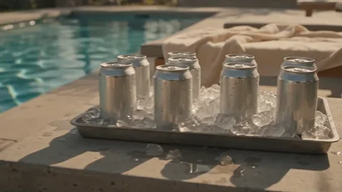 A quiet poolside terrace with cans in a tray of melting ice, palm shadows moving on the water