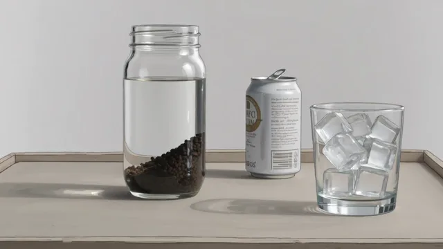 An illustrated tall jar of coffee grounds steeping in cold water, the colour blooming downward