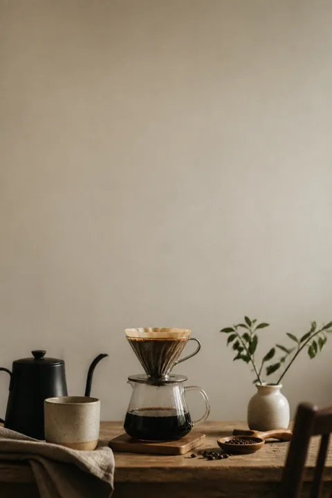 A pour-over coffee ritual on a wooden table in soft daylight: a glass dripper over a carafe, a matte black kettle, a cup and a sprig in a vase, the wall above left empty for a title