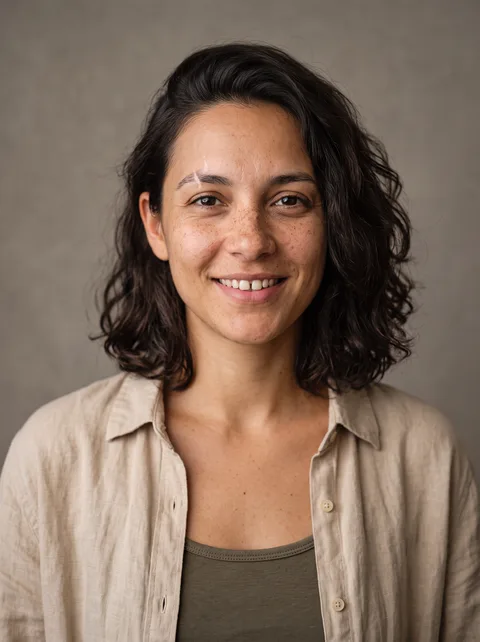 A character plate: a woman in her late twenties, chest up and facing the camera on a plain ground