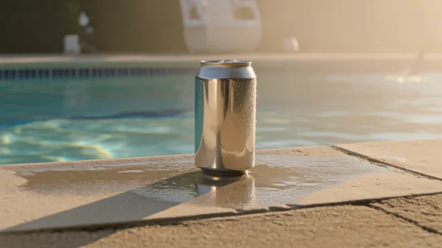 A matte aluminium can on the wet stone coping of a swimming pool, turquoise water behind it