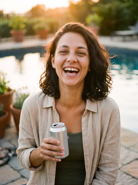 A woman laughing on a poolside terrace at golden hour, holding a plain aluminium can
